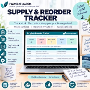 May include: A digital Supply & Reorder Tracker dashboard displayed on a laptop screen. The interface features columns for total items, low stock, reorder needs, orders, and stock levels. Includes text: PracticeFlowKits, Supply & Reorder Tracker.