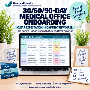 Può includere: Un piano di inserimento di 30/60/90 giorni per studi medici visualizzato su uno schermo di un portatile. L'immagine include una tazza bianca con testo, una pila di libri blu etichettati People, Process, Better Care e un blocco note con una lista.