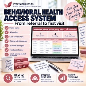 May include: A laptop displaying a Behavioural Health Access System dashboard with a list of referrals. Beside it are a white mug with text, three stacked pink blocks labelled People, Process, Better Care, a spiral notebook, and a pink sticky note.