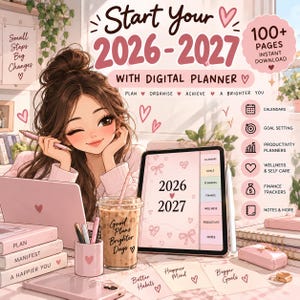 Może przedstawiać: Cyfrowy planer na lata 2026-2027 z tabletem, różowym laptopem i kubkiem z napisem Good Plans Brighter Days. Obraz zawiera tekst, taki jak Start Your 2026-2027 With Digital Planner, 100+ Pages Instant Download oraz różne ikony.