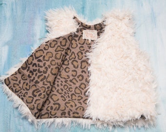 Reversible French Kids Lamb Vest, Faux Fur, 100% Cotton Leopard Animal Pattern