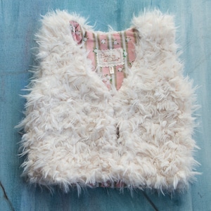 Reversible French Kids Lamb Vest, Faux Fur, 100% Cotton Flower Stripes Rose