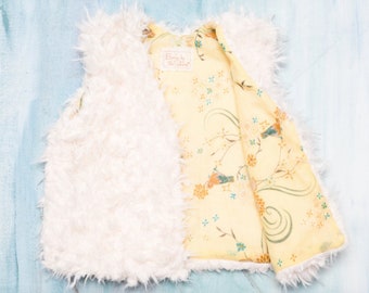 Reversible French Kids Lamb Vest, Faux Fur, 100% Cotton Yellow China Bird
