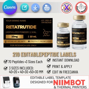 Puede incluir: Una plantilla de producto digital para 210 etiquetas de péptidos editables con diseños en negro y oro para viales. Incluye texto para Retatrutide, 10mg, 10mL y uso exclusivo de investigación. Compatible con impresoras térmicas Niimbot en 40x20, 40x30 y 50x30 mm.