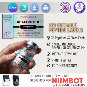 Op de afbeelding: Een digitaal product met 210 bewerkbare peptide-labels voor Niimbot- en thermische printers. De afbeelding toont een glazen flacon met een holografisch label met de tekst RETATRUTIDE 10 mg 10 mL, inclusief details over 70 peptiden en 3 formaten: 40x20, 40x30 en 50x30 mm.