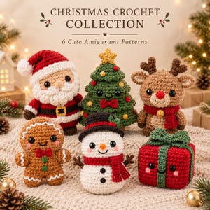 Weihnachtliches Häkelmuster-Paket | 6 niedliche Amigurumi-PDF-Anleitungen | Weihnachtsmann, Rentier, Schneemann, Lebkuchen-Weihnachtsbaum | Digitaler Download