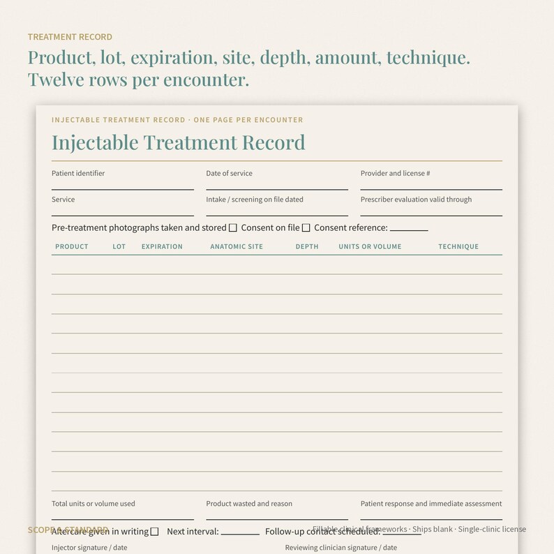 May include: An Injectable Treatment Record form printed on cream paper with dark green text. The document includes fields for patient identifier, date of service, provider, and a twelve-row table for tracking product, lot, expiration, site, depth, and technique.