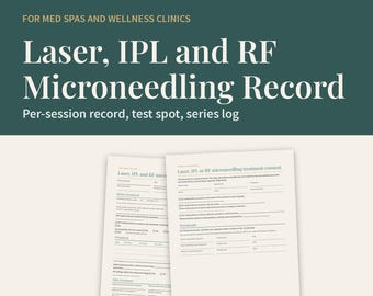 Registro de tratamiento con láser, luz pulsada intensa (IPL) y microagujas de radiofrecuencia, punto de prueba, consentimiento (PDF imprimible)