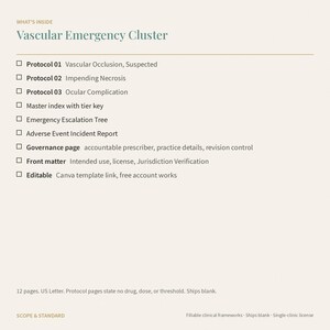 May include: A document titled Vascular Emergency Cluster listing contents including Protocol 01 Vascular Occlusion, Protocol 02 Impending Necrosis, Protocol 03 Ocular Complication, master index, emergency escalation tree, incident report, and Canva link.