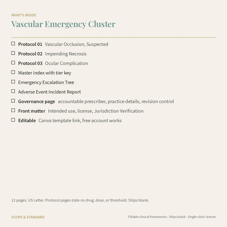 May include: A document titled Vascular Emergency Cluster listing contents including Protocol 01 Vascular Occlusion, Protocol 02 Impending Necrosis, Protocol 03 Ocular Complication, master index, emergency escalation tree, incident report, and Canva link.