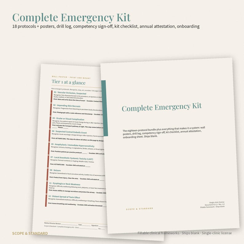 May include: A Complete Emergency Kit document set featuring 18 protocols, posters, a drill log, competency sign-off, kit checklist, and annual attestation. The pages are off-white with teal and dark text, including a Tier 1 at a glance guide.