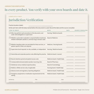 May include: A Jurisdiction Verification form with a cream background and dark text. The document includes a checklist for practice location, procedure delegation, prescriber evaluation, standing orders, supervision levels, and regulatory reporting.