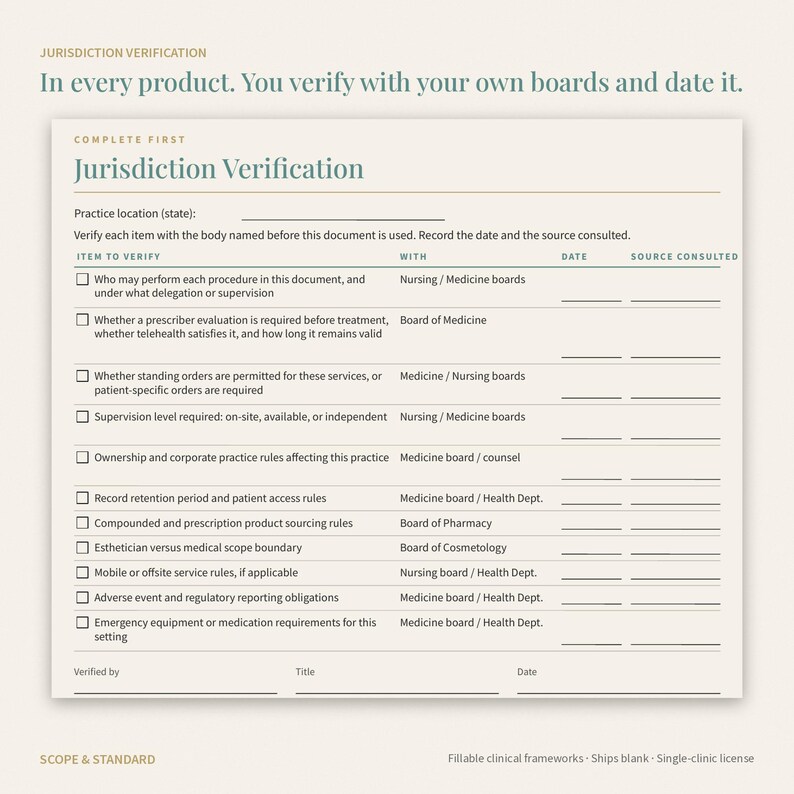 May include: A Jurisdiction Verification form with a cream background and dark text. The document includes a checklist for practice location, procedure delegation, prescriber evaluation, standing orders, supervision levels, and regulatory reporting.