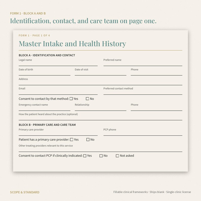 May include: A beige Master Intake and Health History form, page 1 of 4, featuring sections for identification, contact information, and primary care team details. The document includes labeled fields for patient data, checkboxes for consent, and clear headings.