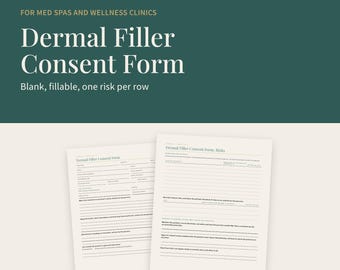 Plantilla de formulario de consentimiento para rellenos dérmicos, formulario en blanco rellenable con iniciales de riesgo y registro de re-consentimiento, PDF imprimible