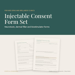 Puede incluir: Un conjunto de formularios de consentimiento para inyectables en spas m&eacute;dicos y cl&iacute;nicas de bienestar, que incluye formularios para neurotoxinas, rellenos d&eacute;rmicos y bioestimuladores con secciones para datos, riesgos y firmas.