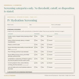 May include: A beige IV Hydration Screening form titled Addendum A1, featuring sections for patient name, date, and form 1 date. It includes a table with categories for medical history, fluid status, and symptoms, with checkboxes for Yes, No, or Unsure.
