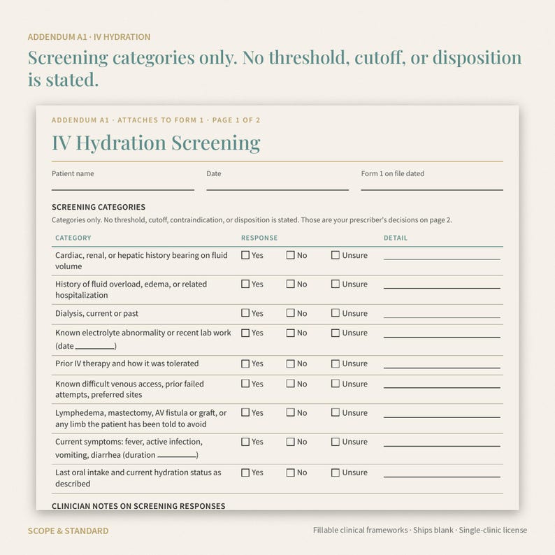 May include: A beige IV Hydration Screening form titled Addendum A1, featuring sections for patient name, date, and form 1 date. It includes a table with categories for medical history, fluid status, and symptoms, with checkboxes for Yes, No, or Unsure.