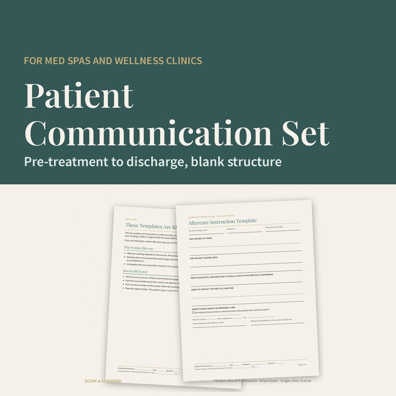 May include: A patient communication set for med spas and wellness clinics featuring a dark green header with white text. The set includes two white paper templates with black text, titled Aftercare Instruction Template and These Templates Are Blank.