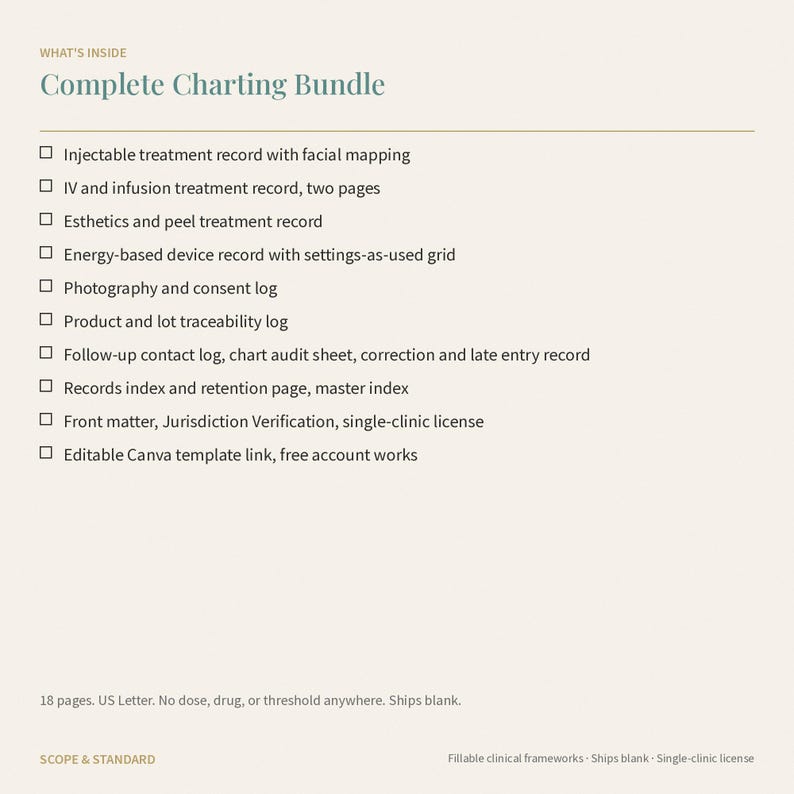 Med Spa Charting Bundle: Injectable, IV, Peel, Device Records (Editable Canva + PDF) image 4