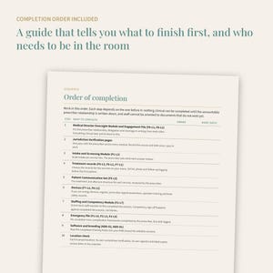 May include: A printed document titled Order of completion, featuring a numbered list of ten clinical steps. The text includes instructions for modules like Medical Director Oversight, Jurisdiction Verification, and Staffing and Competency.