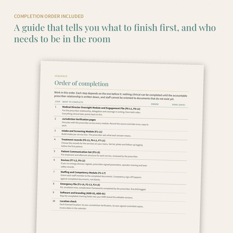 May include: A printed document titled Order of completion, featuring a numbered list of ten clinical steps. The text includes instructions for modules like Medical Director Oversight, Jurisdiction Verification, and Staffing and Competency.