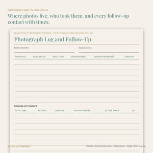 May include: A cream-colored clinical form titled Photograph Log and Follow-Up. It includes sections for patient identifier, date of service, photo set details, and a follow-up contact table with columns for date, time, method, reached, patient report, and action taken.