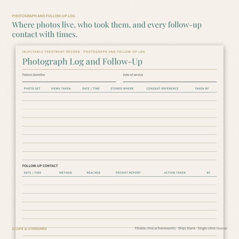 May include: A cream-colored clinical form titled Photograph Log and Follow-Up. It includes sections for patient identifier, date of service, photo set details, and a follow-up contact table with columns for date, time, method, reached, patient report, and action taken.