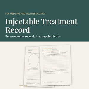May include: Two white paper forms titled Injectable Treatment Record and Site Map for med spas and wellness clinics. The forms include fields for patient information, treatment details, lot numbers, and a diagram of a face for mapping injections.