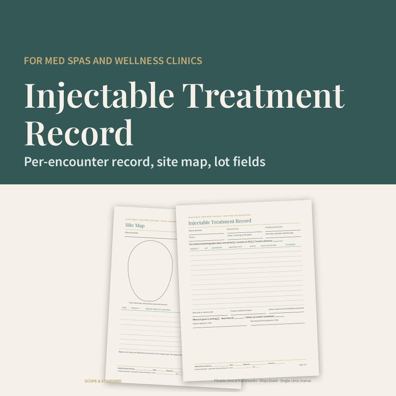 May include: Two white paper forms titled Injectable Treatment Record and Site Map for med spas and wellness clinics. The forms include fields for patient information, treatment details, lot numbers, and a diagram of a face for mapping injections.