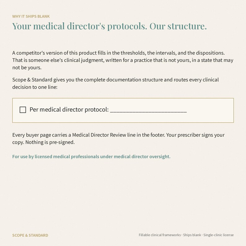 May include: A document titled Why It Ships Blank with the heading Your medical director's protocols. Our structure. It includes text about clinical documentation, a checkbox labeled Per medical director protocol, and a footer with the brand name Scope & Standard.