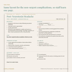 May include: A clinical document titled Post-Neurotoxin Headache, featuring sections for recognize, escalate, stop, immediate actions, follow-up, and document. The page includes checkboxes and blank lines for recording patient data and medical protocols.