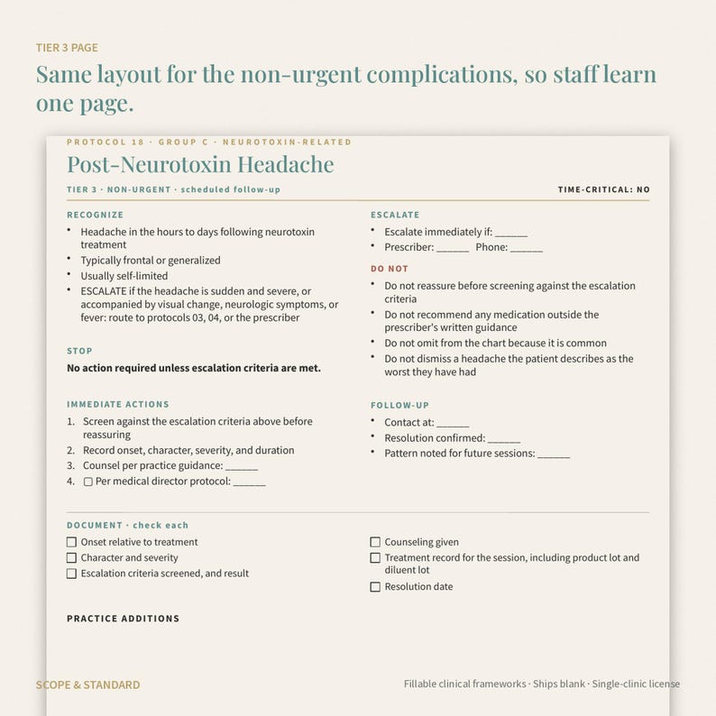 May include: A clinical document titled Post-Neurotoxin Headache, featuring sections for recognize, escalate, stop, immediate actions, follow-up, and document. The page includes checkboxes and blank lines for recording patient data and medical protocols.