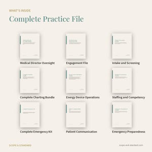 May include: A digital document collection titled Complete Practice File featuring nine individual modules: Medical Director Oversight, Engagement File, Intake and Screening, Complete Charting Bundle, Energy Device Operations, Staffing and Competency, Complete Emergency Kit, Patient Communication, and Emergency Preparedness.