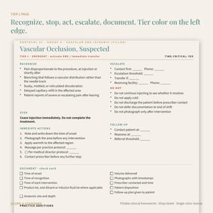 May include: A clinical document titled Vascular Occlusion, Suspected, featuring sections for Recognize, Stop, Immediate Actions, Escalate, Do Not, and Follow-Up. The form includes checkboxes for documentation and instructions for medical professionals.