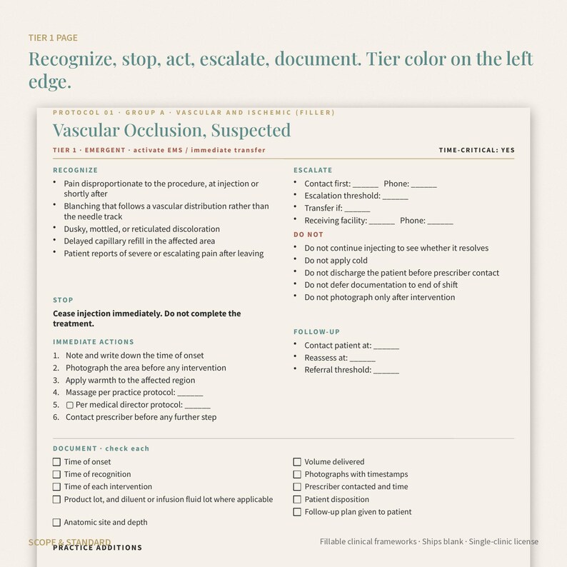 May include: A clinical document titled Vascular Occlusion, Suspected, featuring sections for Recognize, Stop, Immediate Actions, Escalate, Do Not, and Follow-Up. The form includes checkboxes for documentation and instructions for medical professionals.