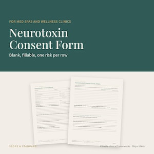 Puede incluir: Un formulario de consentimiento de neurotoxina para spas m&eacute;dicos y cl&iacute;nicas de bienestar. El documento de papel blanco presenta texto negro con l&iacute;neas rellenables para informaci&oacute;n del paciente, detalles del tratamiento y riesgos.