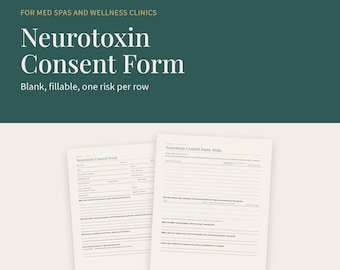 Plantilla de formulario de consentimiento para Botox, formulario de consentimiento para neurotoxinas en blanco rellenable con iniciales de riesgo y registro de re-consentimiento, PDF imprimible