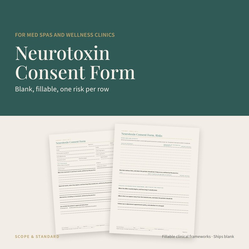 Puede incluir: Un formulario de consentimiento de neurotoxina para spas m&eacute;dicos y cl&iacute;nicas de bienestar. El documento de papel blanco presenta texto negro con l&iacute;neas rellenables para informaci&oacute;n del paciente, detalles del tratamiento y riesgos.