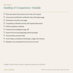 May include: A document titled What's Inside Staffing & Competency Module listing contents including role description frameworks, license verification, orientation checklists, competency records, skills schedules, sign-offs, and a Canva template link.