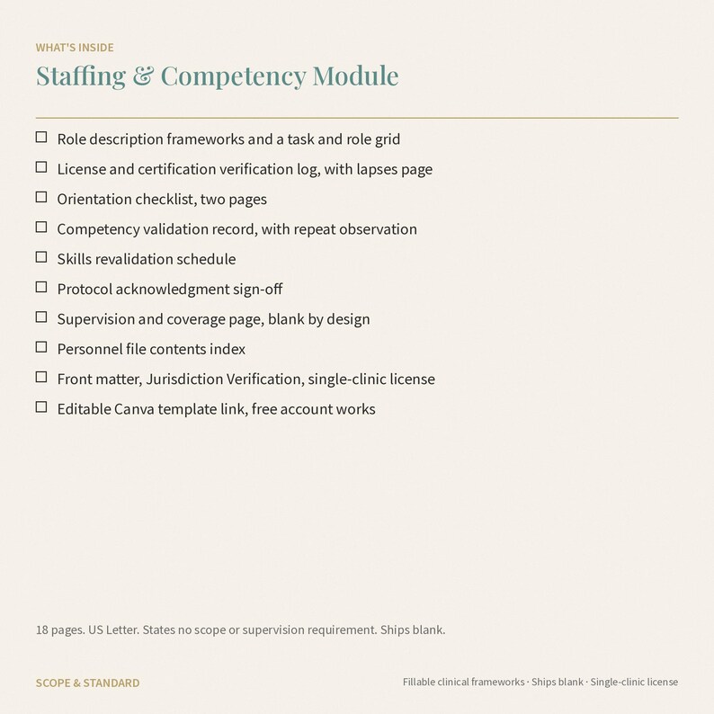 May include: A document titled What's Inside Staffing & Competency Module listing contents including role description frameworks, license verification, orientation checklists, competency records, skills schedules, sign-offs, and a Canva template link.