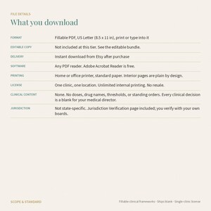 May include: A digital file details document titled What you download, listing specifications for a fillable PDF in 8.5 x 11 inch US Letter format. It outlines software requirements, printing instructions, licensing for one clinic, and clinical content details.