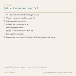 May include: A Patient Communication Set document listing contents including pre-treatment and aftercare templates, follow-up call scripts, no-show records, complaint intake, treatment deferral records, discharge letters, and a master index on US Letter paper.