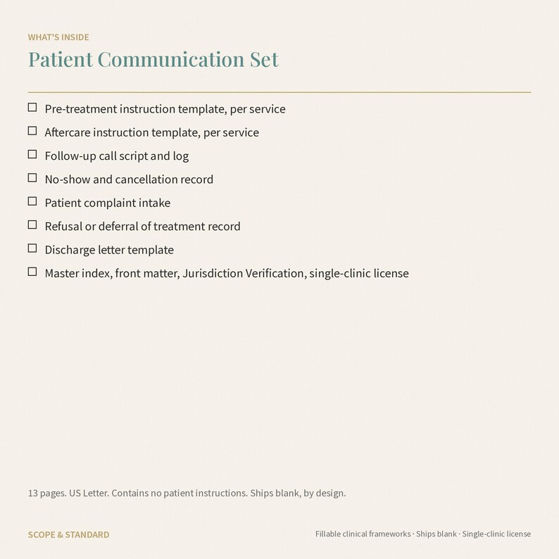 May include: A Patient Communication Set document listing contents including pre-treatment and aftercare templates, follow-up call scripts, no-show records, complaint intake, treatment deferral records, discharge letters, and a master index on US Letter paper.