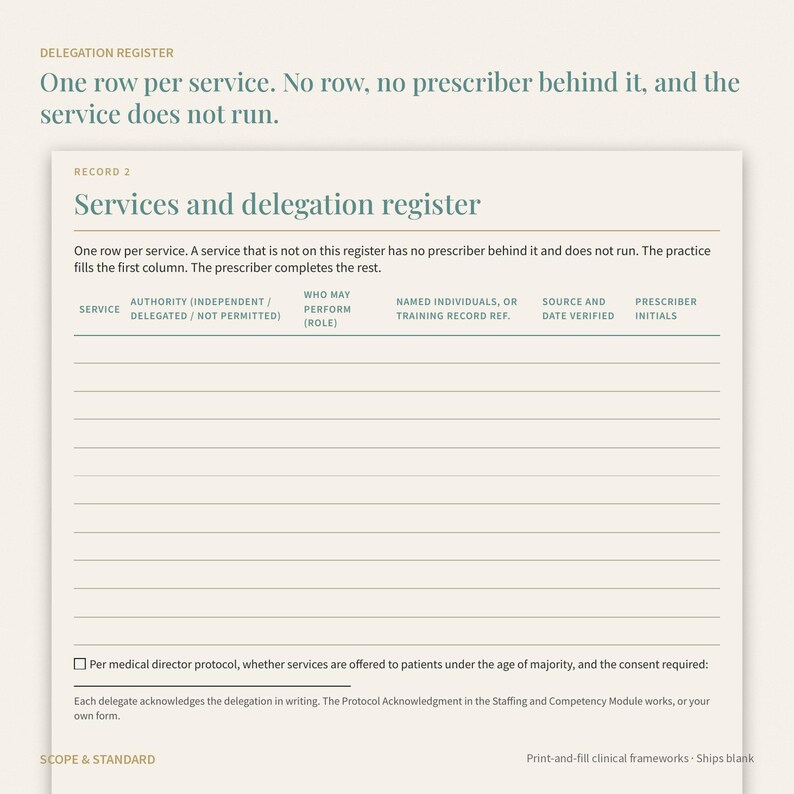 May include: A cream-colored delegation register form with dark green text. The header reads Services and delegation register, followed by columns for service, authority, role, named individuals, source, and prescriber initials with blank lines.