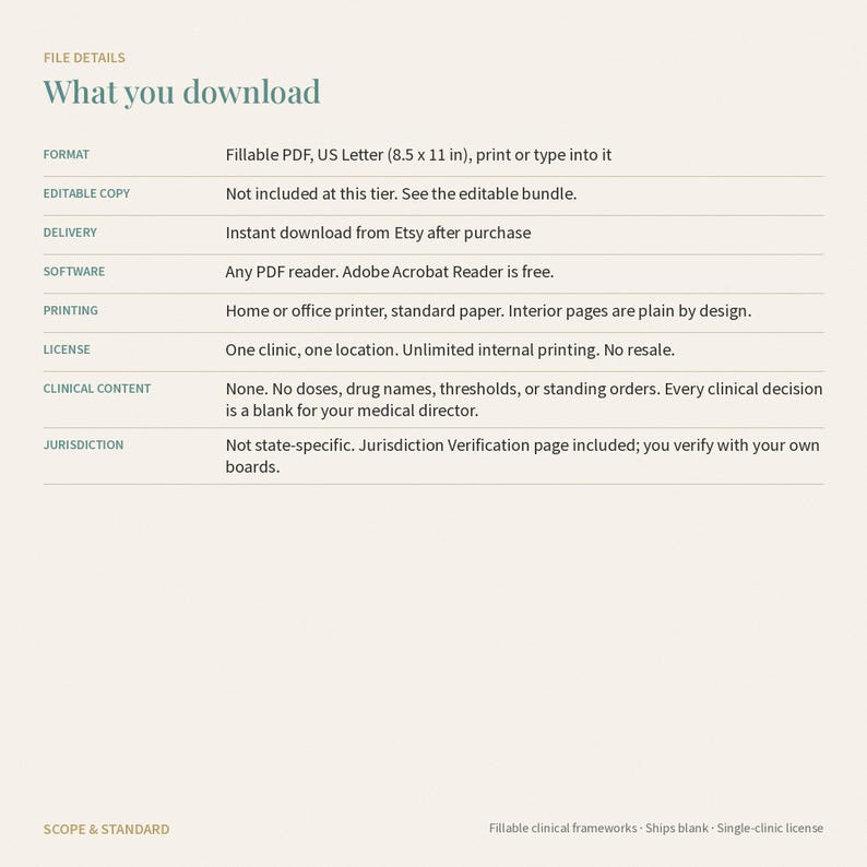 May include: A digital file details document titled What you download, listing specifications for a fillable PDF in 8.5 x 11 inch US Letter format. It outlines software requirements, printing instructions, licensing for one clinic, and clinical content details.