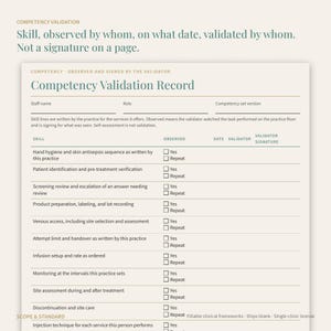 May include: A Competency Validation Record form printed on light paper. The document features a header with the title, followed by fields for staff name, role, and version. It includes a table listing clinical skills with checkboxes for Yes or Repeat.