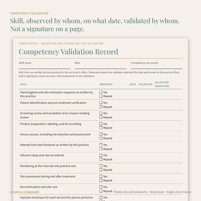 May include: A Competency Validation Record form printed on light paper. The document features a header with the title, followed by fields for staff name, role, and version. It includes a table listing clinical skills with checkboxes for Yes or Repeat.