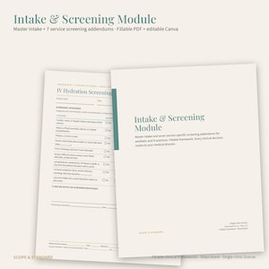 May include: An Intake & Screening Module document set featuring a cover page and an IV Hydration Screening form. The pages are off-white with dark teal text, including fields for patient name, date, and clinical screening categories for medical use.