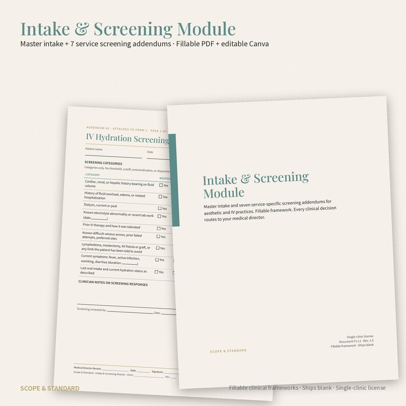 May include: An Intake & Screening Module document set featuring a cover page and an IV Hydration Screening form. The pages are off-white with dark teal text, including fields for patient name, date, and clinical screening categories for medical use.